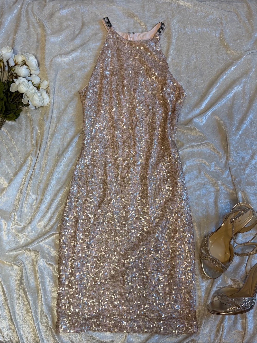 Vintage Belle by Badgley Mischka Y2K Champagne Sequin Mini Dress Size 2